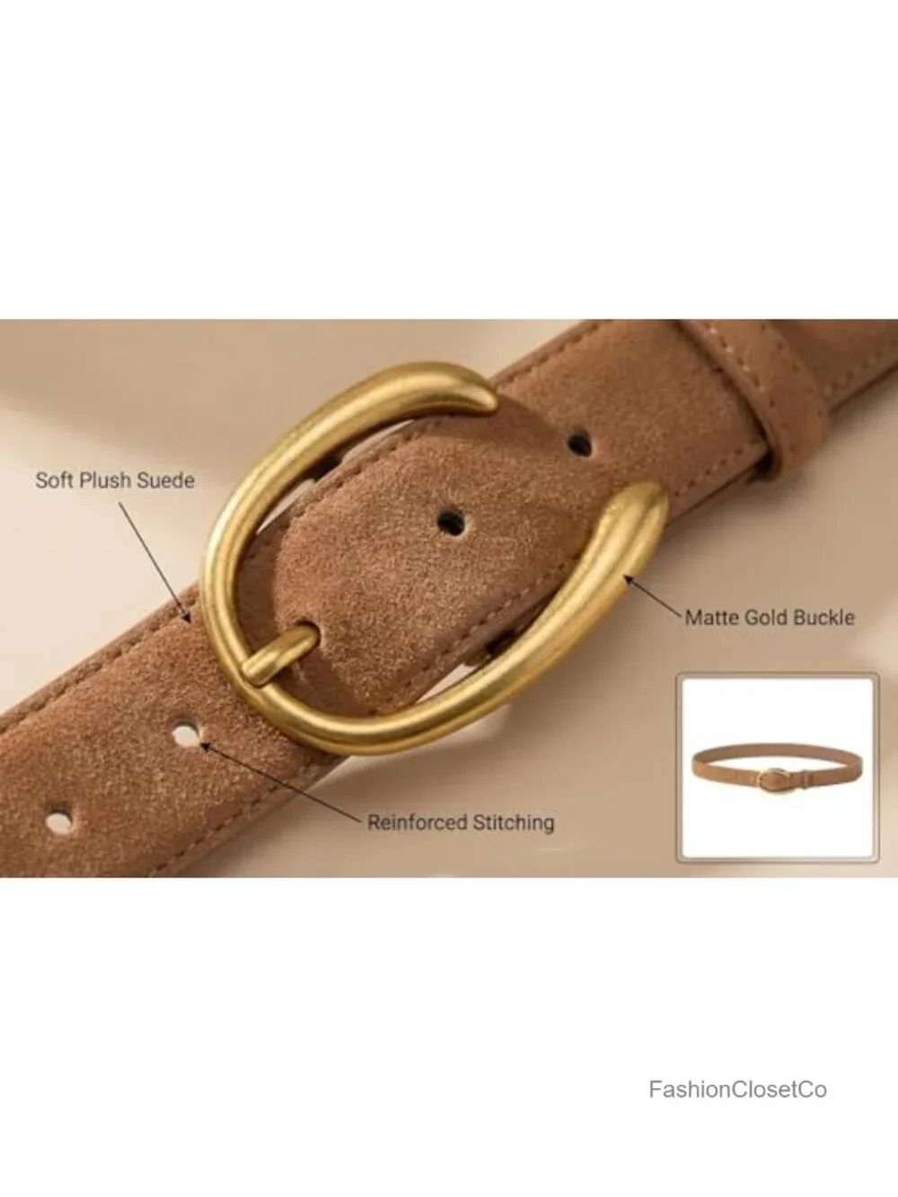 Women's Leather Belt with Gold Buckle - Fashion Suede Belt for Jeans & Dresses